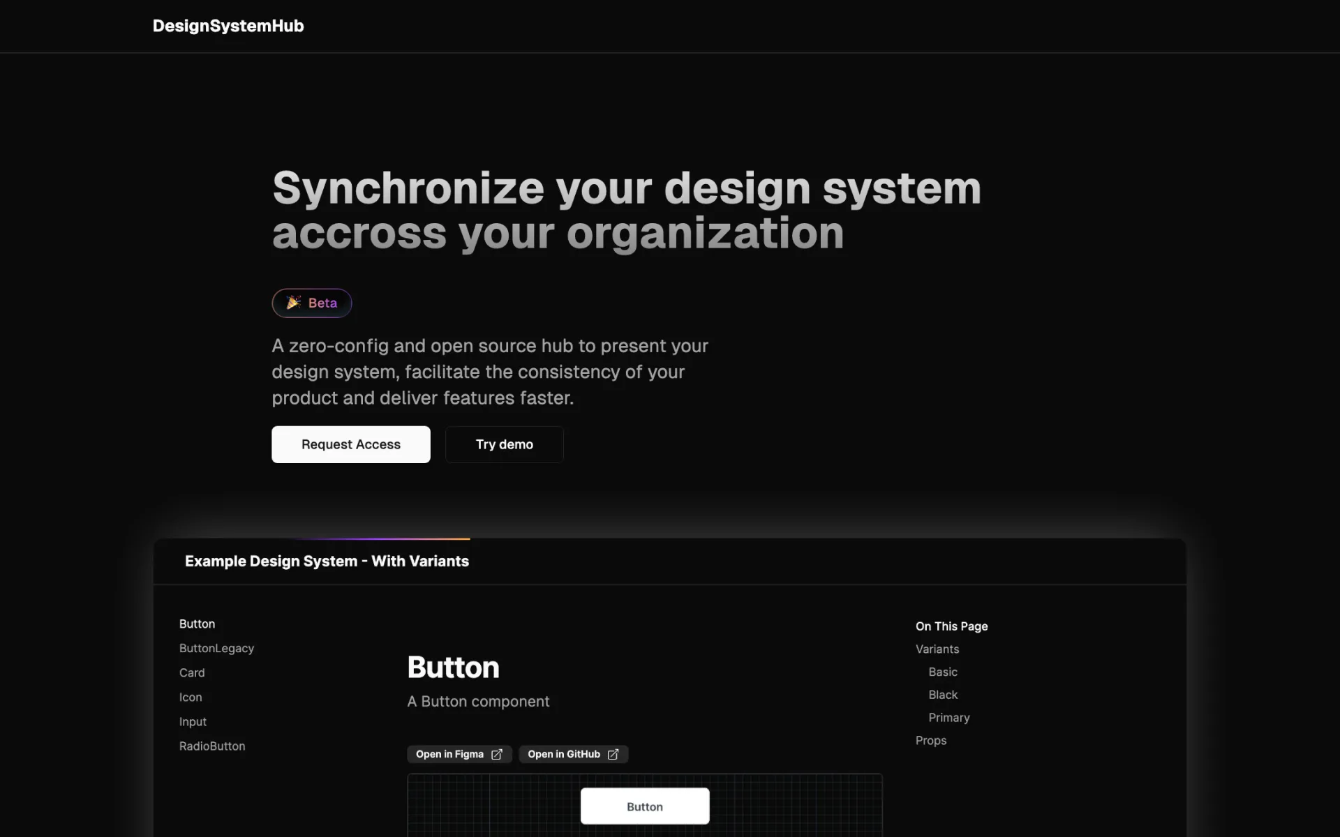 Design System Hub landing page above an example design system showing a Button component with links to Figma and GitHub.