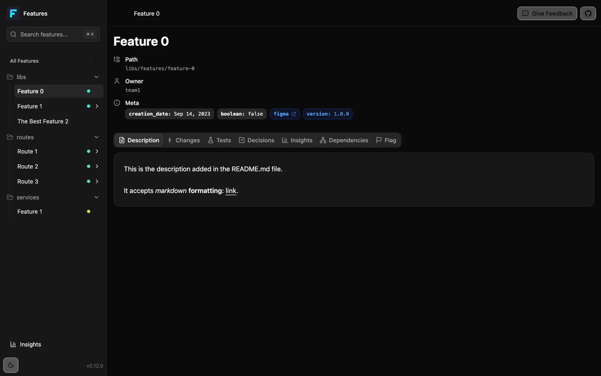 Features dashboard listing a project's features by folder, with the owner, path and metadata of the selected feature.