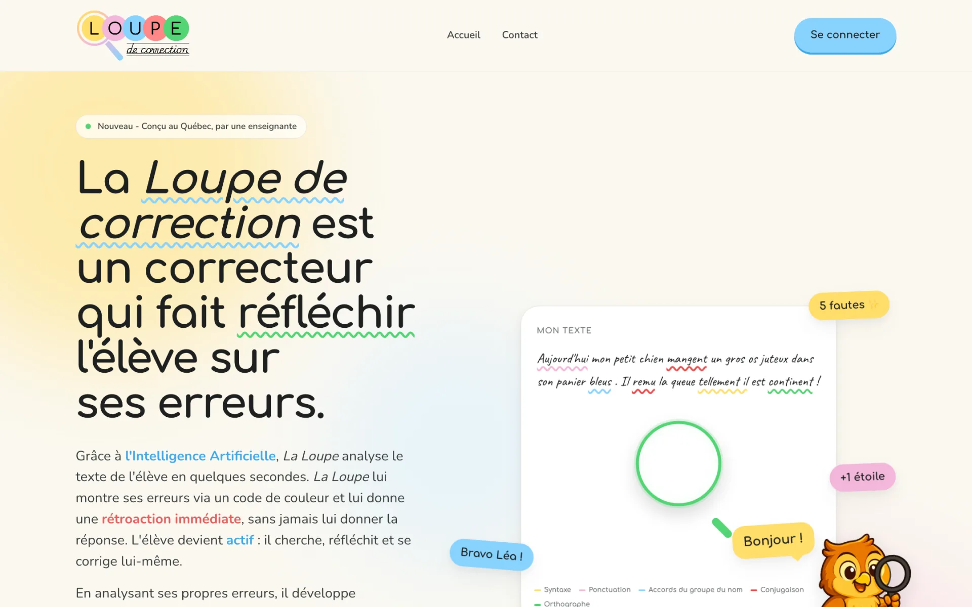 La Loupe de correction home page: a student's text with mistakes underlined by category, a magnifying glass and the owl mascot.