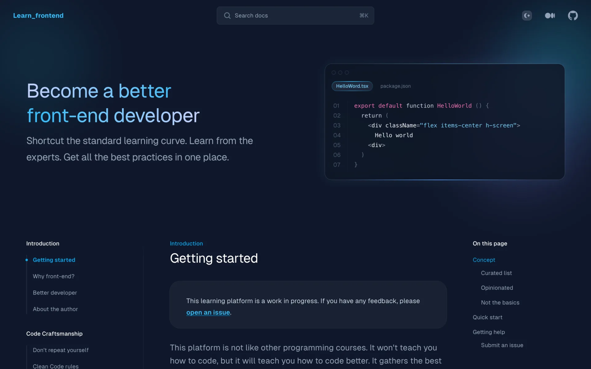 Learn Frontend home page with the Getting started chapter and the course navigation.