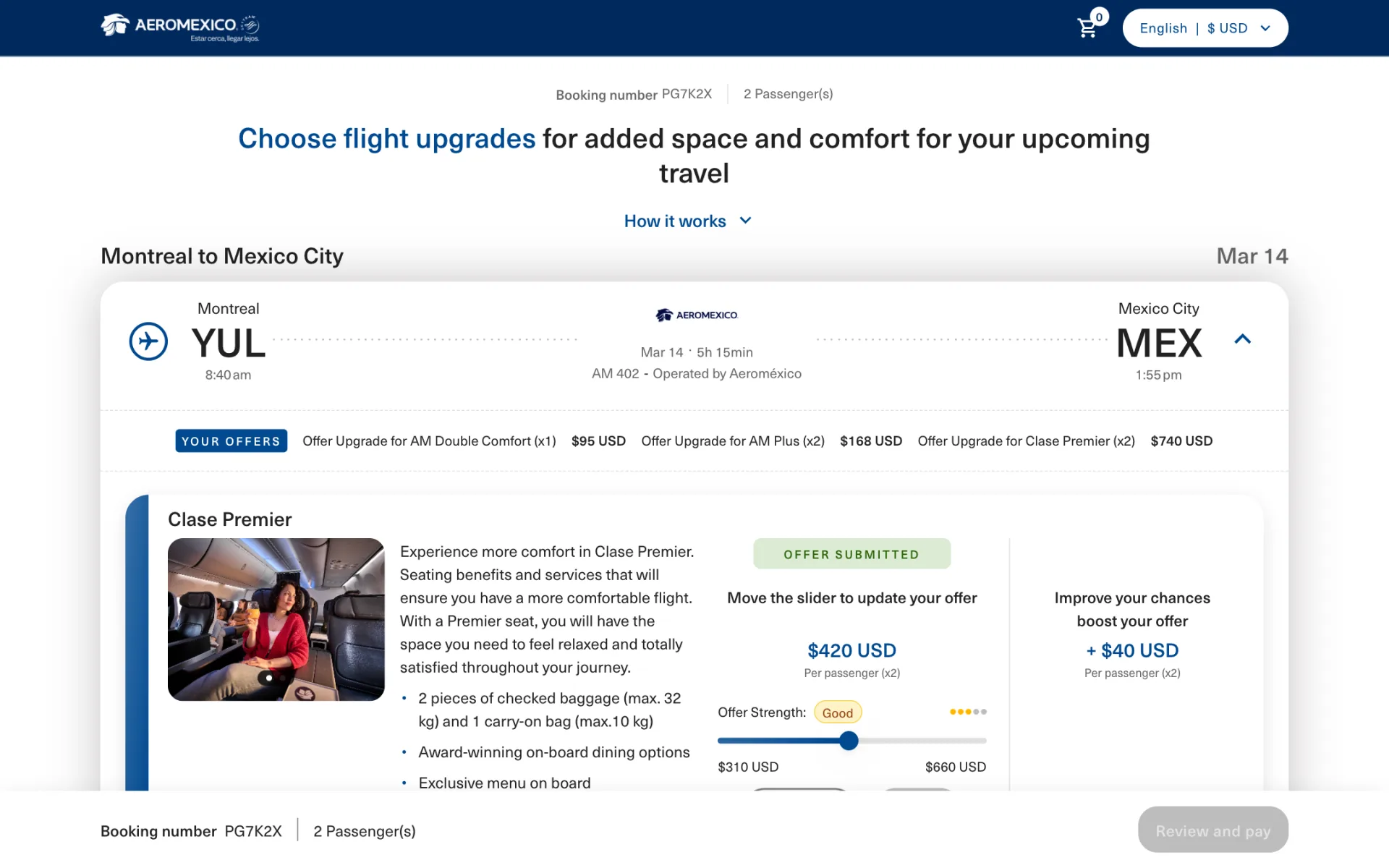 Plusgrade upgrade offer page for an Aeromexico flight, with offers per cabin and a slider to set the bid. Booking details are fictional.